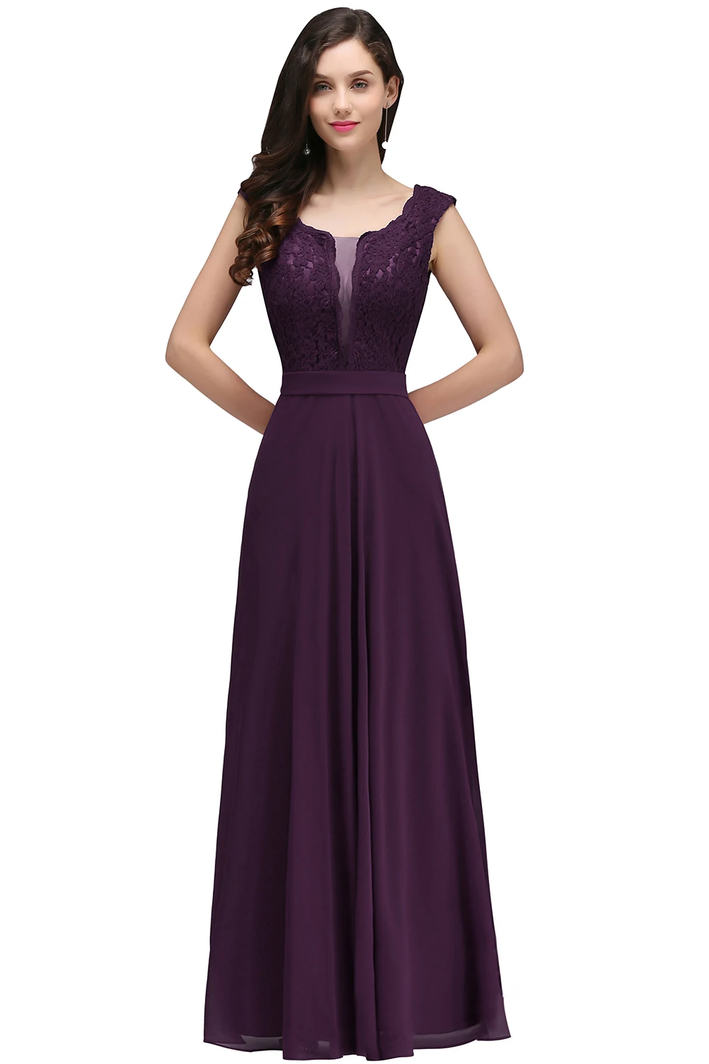2024 Sexy Illusion O Neck Elegante Lange Burgund Abendkleider Spitze Ärmellose A-Line Chiffon Formale Party Prom Kleider Vestidos Image