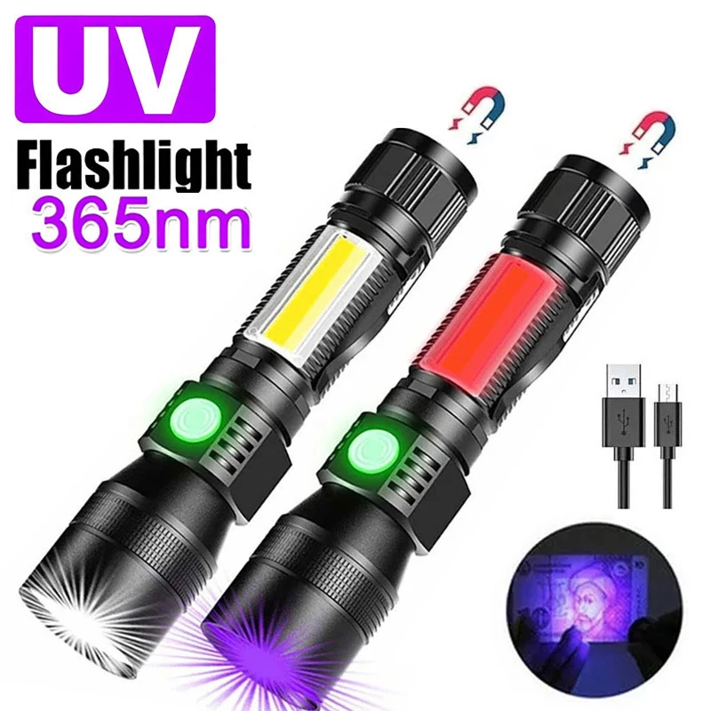 Tragbare UV-LED-Taschenlampe, multifunktional, zoombar, magnetische LED-Taschenlampe, 18650-Akku, USB wiederaufladbar, Notfall-Inspektionslaterne Image