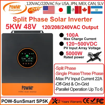 PowMr Split Phase 5000W 48V Hybrid Solar Inverter 120/208/240V AC Output With MPPT 100A Controller