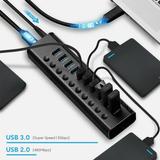 LOPNGLS USB Hub 10 Port 5Gbps USB 3.0 Data Hubs with 36W 12V/3A Power Adapter Individual On/Off Switches Laptop USB Splitter