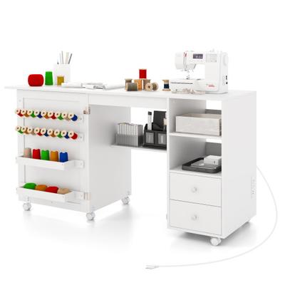 Costway Folding Sewing Table with Charging Station and Storage Shelves-White