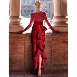 rot-grünes Abendkleid in A-Linie, elegantes, formelles Kleid, bodenlang, lange Ärmel, Rundhalsausschnitt, Satin mit Rüschen, Schlitz, Maskenballkleid 2025