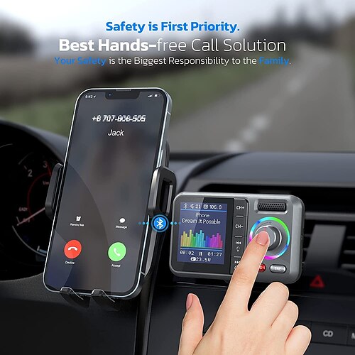 Bluetooth-FM-Transmitter fürs Auto, kabelloser Bluetooth-Adapter fürs Auto mit Farbbildschirm, unterstützt QC3.0, schnelles Aufladen, Freisprechfunktion, MP3-Musik-Player, Bass Tre-Booster-TF-Karte