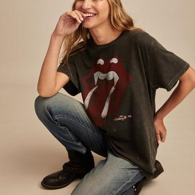 Lucky Brand Rolling Stones Fangs Boyfriend Tee - Women's Clothing Tops Shirts Tee Graphic T Shirts in Jet Black, Size 2XL