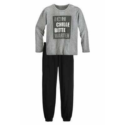 Pyjama AUTHENTIC LE JOGGER, Kinder, Gr. 170/176, schwarz (meliert, grau, schwarz), Jersey, Obermaterial: 100% Baumwolle, bedruckt, Basic, lässig geschnitten lang, Rundhals, Langarm abgesteppte Kante, Homewear-Sets, Schlafanzug mit Spruch "Ich chille... Image