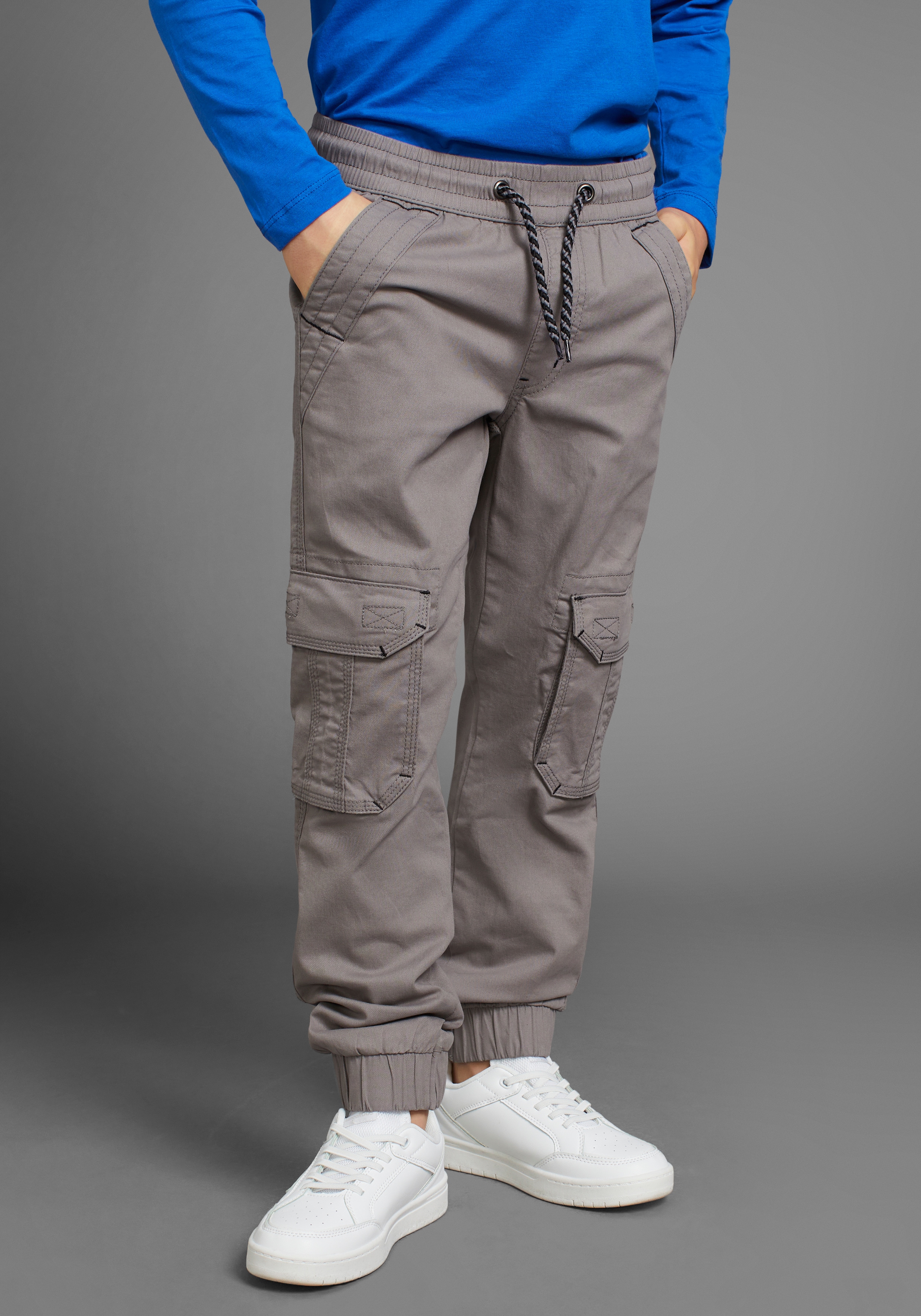 Cargohose KIDSWORLD "bequeme Schlupfform mit Stretch", Jungen, Gr. 164, N-Gr, grau, Web, Obermaterial: 98% Baumwolle, 2% Elasthan, Basic, Basic lang, Hosen, für Jungen Image