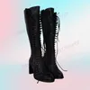 Schwarze Kreuzgebundene Stiefel mit klobigen Absätzen, mattes Leder, kniehohe Schuhe für Frauen, High Heels, Punk-Gothic-Schuhe, 2024, Zapatos Para Mujere
