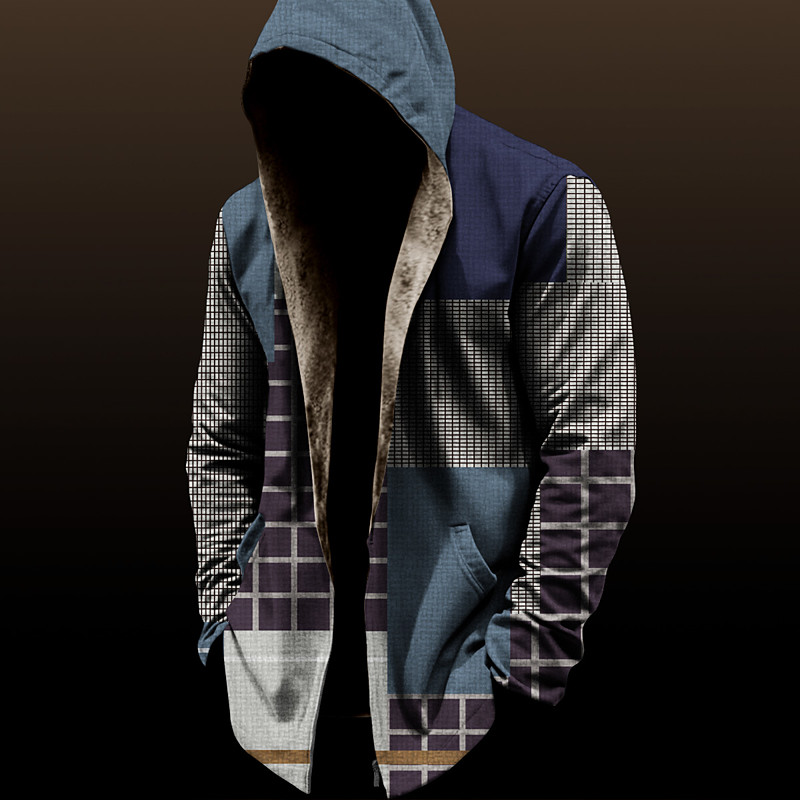 Men's Color Block Plaid / Check Winter Coat Fleece Jacket Coat Thermal Warm Vintage Daily Wear Going out Pocket Print Fall Winter Hooded Long Sleeve Black Wine Red