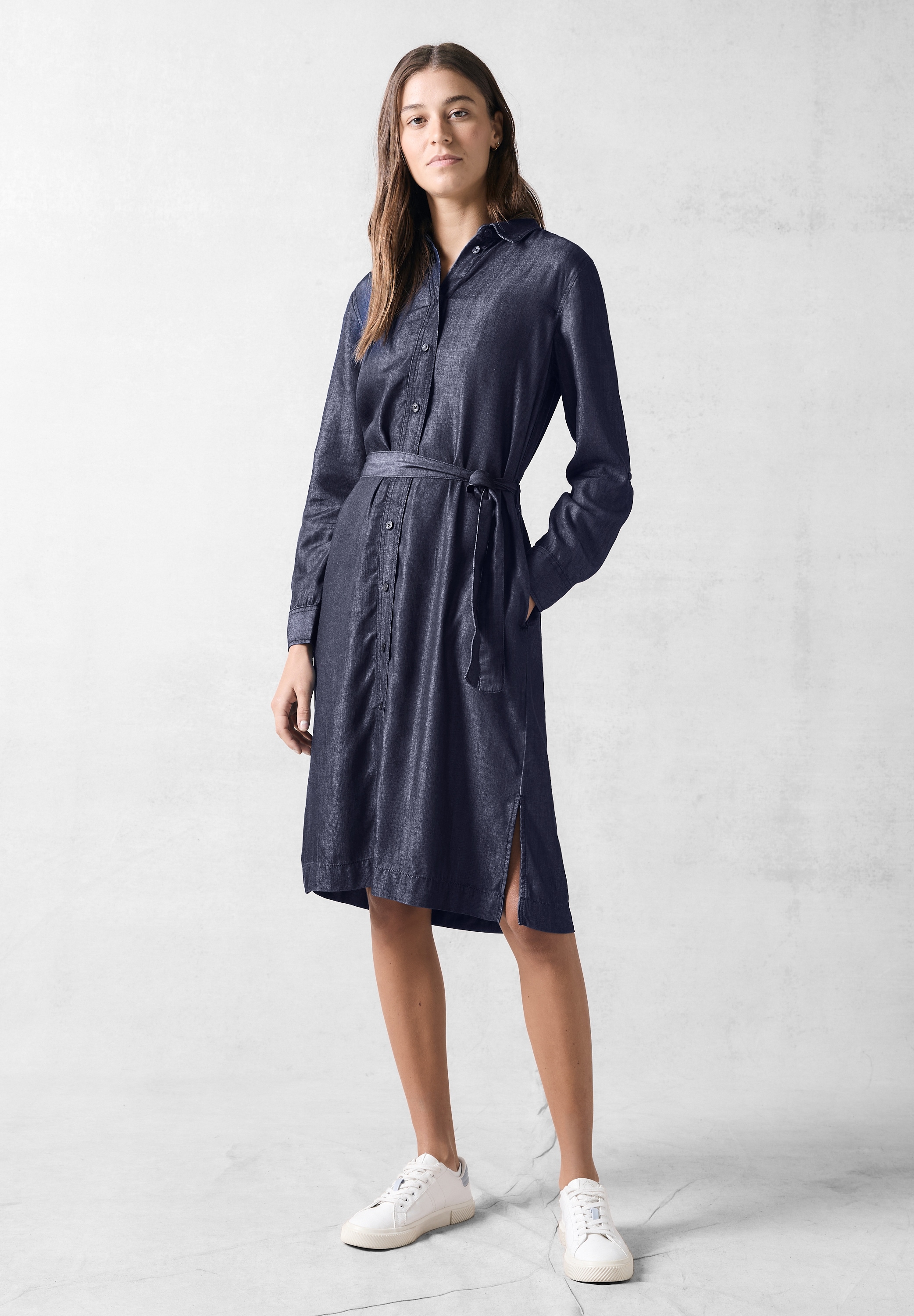 Midikleid CECIL, Damen, Gr. XS (36), US-Größen, blau (dunkelblau wash), Stoff, 100% Lyocell, unifarben, normal wadenlang, V-Ausschnitt, Bündchen, Kleider Midikleid, mit Bindegürtel zum Taillieren