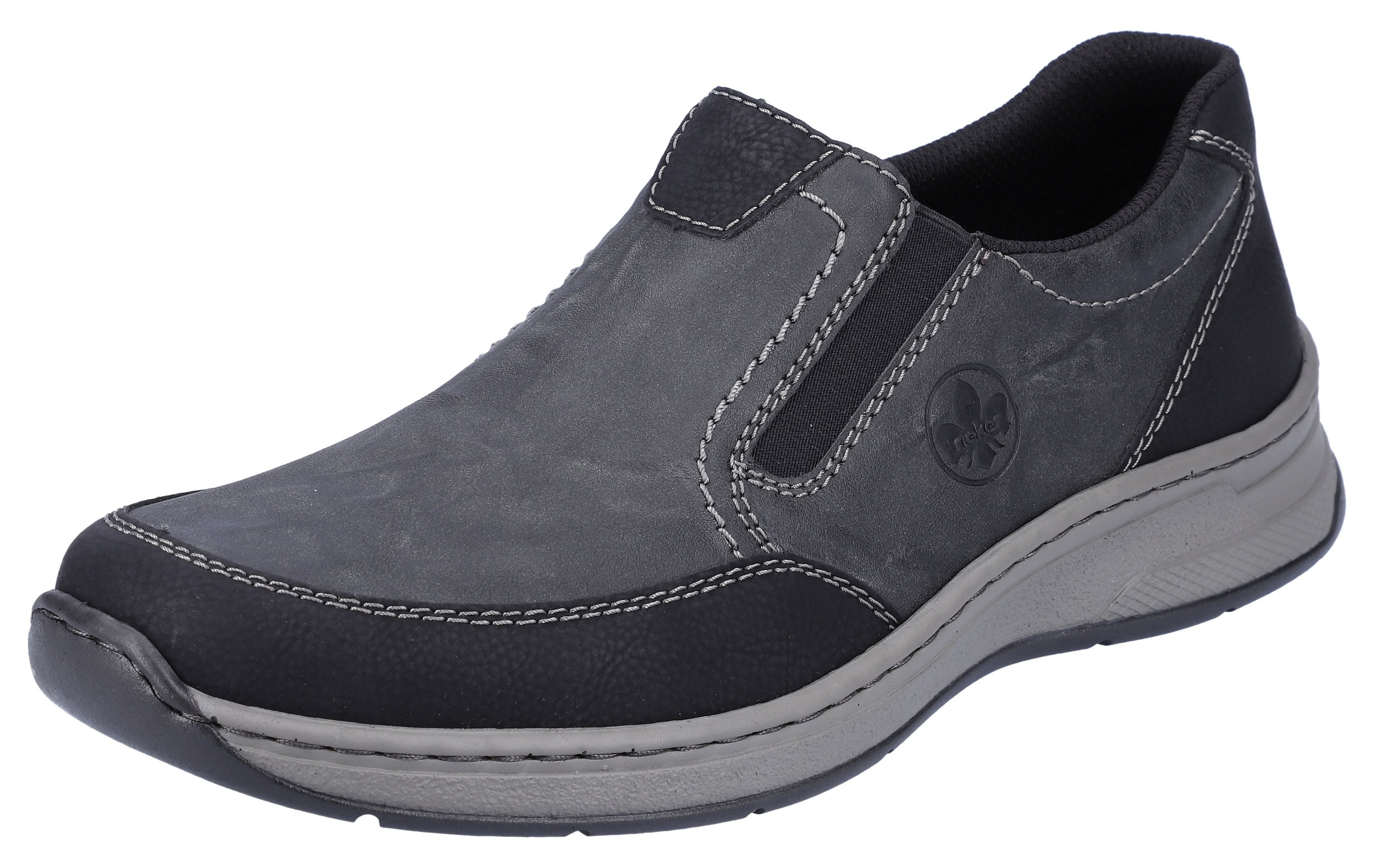 Slipper RIEKER, Herren, Gr. 42, grau (grau, kombiniert), Synthetik, Schuhe Slipper, Schlupfschuh, Halbschuh mit Stretcheinsätze