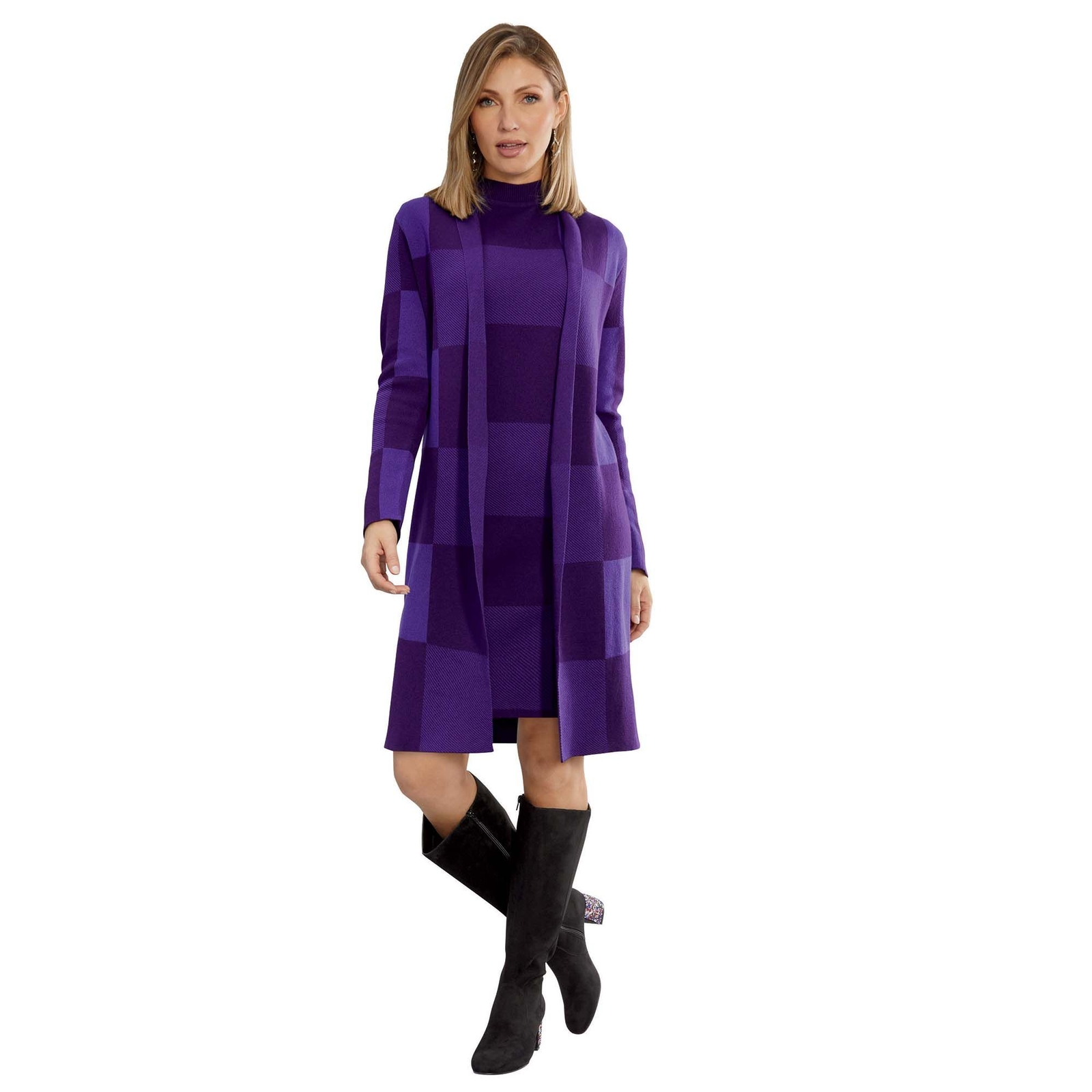 Masseys Sweater Dress & Jacket Set (Size 1X) Purple/Plaid, Acrylic,Cotton