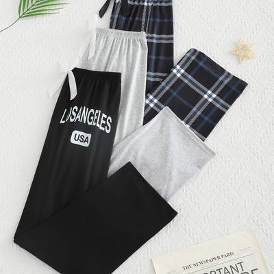TEMU 3 Pcs Casual Solid Or Letter Or Print Lounge Bottoms, Elastic High Waist Loose Pants, Women's Sleepwear & Loungewear Image