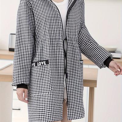 TEMU Elegant Plaid Long-sleeve Hooded Jacket With Adjustable Waist Apron - Comfort Cotton Blend, Stain & Dust Resistant, Zip Closure For Home, Kitchen, Catering, Work Fashion