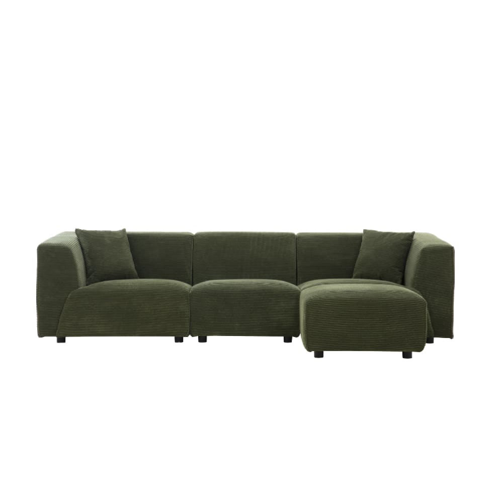 Canapé droit 3 places + 1 pouf en velours côtelé vert