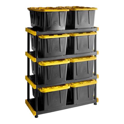 Tough Shelf 48" x 20" x 55 1/4" Black / Yellow Plastic Grid Top 4-Shelf System with 8 Tough Box 27 Gallon Black Storage Totes with Yellow Lids