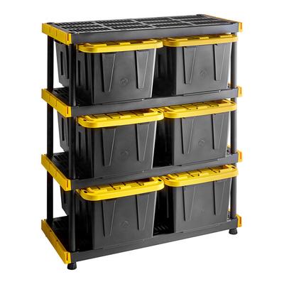 Tough Shelf 48" x 20" x 55 1/4" Black / Yellow Plastic Grid Top 4-Shelf System with 6 Tough Box 27 Gallon Black Storage Totes with Yellow Lids