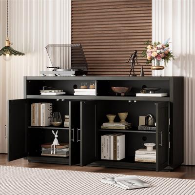 Retro Style 4-Door Buffet Cabinet with Adjustable Shelves, Classic Black Finish and Open Storage for Kitchen & Living Spaces