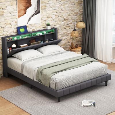 Doppelbett 140x200cm, mit gepolstertem Kopfteil, Leinenstoff, LED-Beleuchtung, Kopfteil mit Image