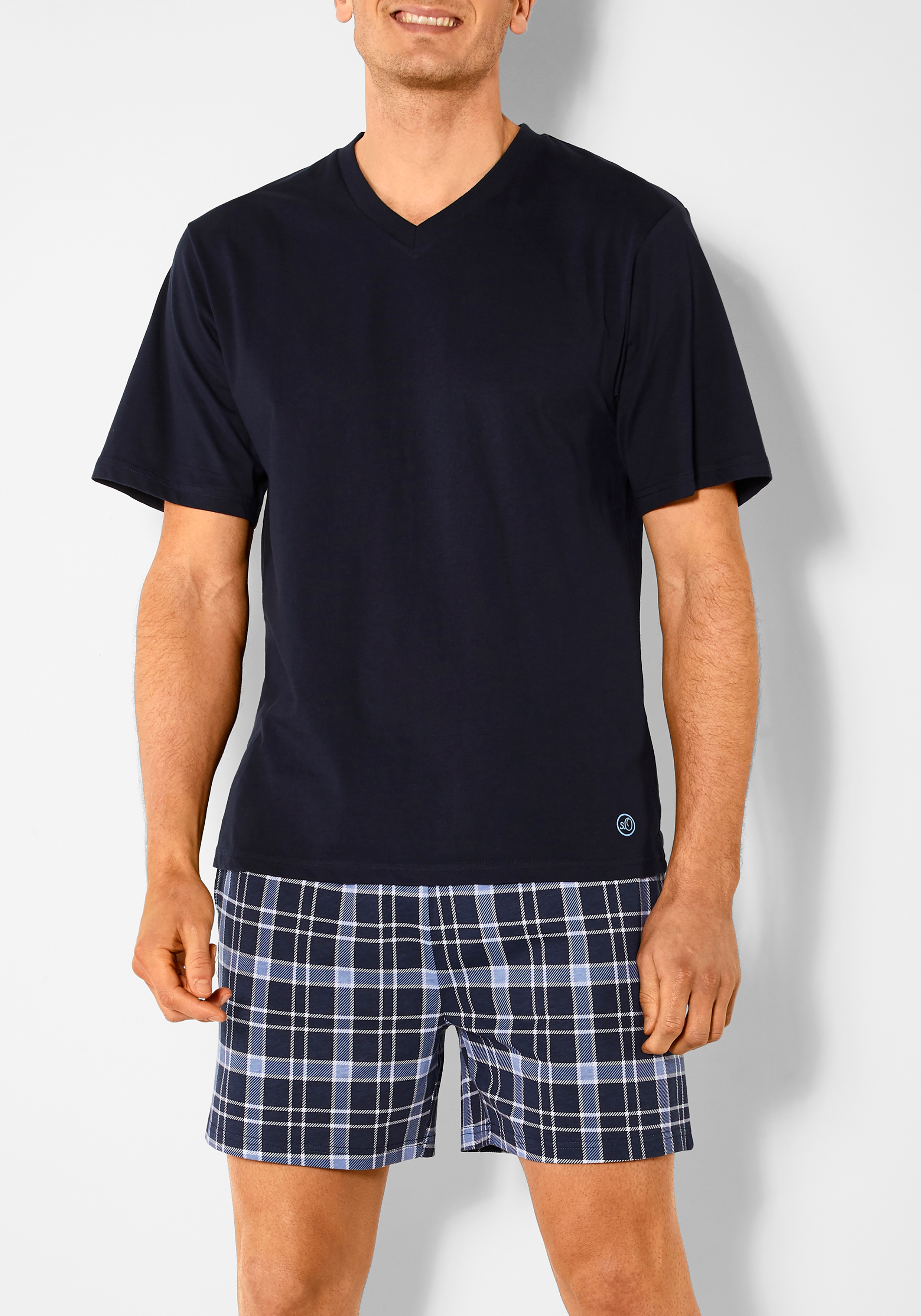 Pyjama S.OLIVER, Herren, Gr. 48/50, blau (marine, blau, kariert), Jersey, Obermaterial: 100% Baumwolle, kariert, Basic, bequem kurz, V-Ausschnitt, abgesteppte Kante, Homewear-Sets Pyjama, mit seitlichen Eingrifftaschen