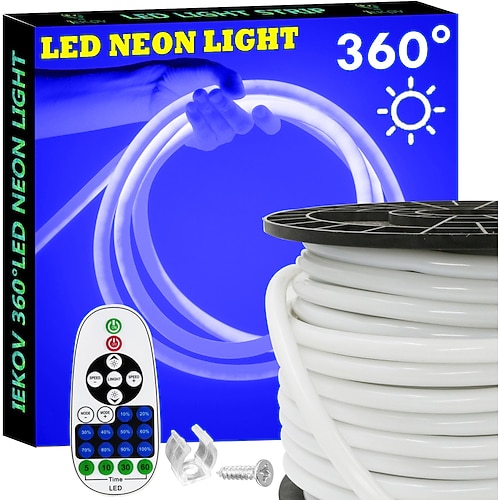 Wasserdichte LED-Lichtstreifen, 360°, rund, Neonlicht, 5–30 m/16–100 Fuß, flexibles und dimmbares LED-Lichterseil mit Fernbedienung, Multimodus-Idee, AC220 V, EU-UK-AU-Stecker Image