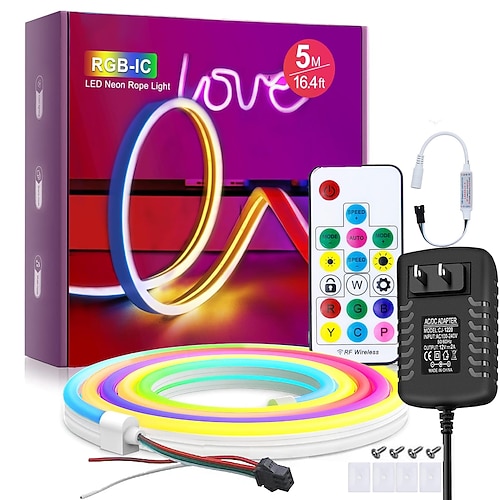LED-Lichtleiste, Neonstreifenlicht, 1–5 m, adressierbare RGB-Regenbogen-LED-Pixel-Lichtleiste, DC12 V, einschließlich Netzteil und HF-17-Tasten-Controller, anwendbar für DIY-LED-Neonzeichen-Kunstwanddekoration, WS2811 Image