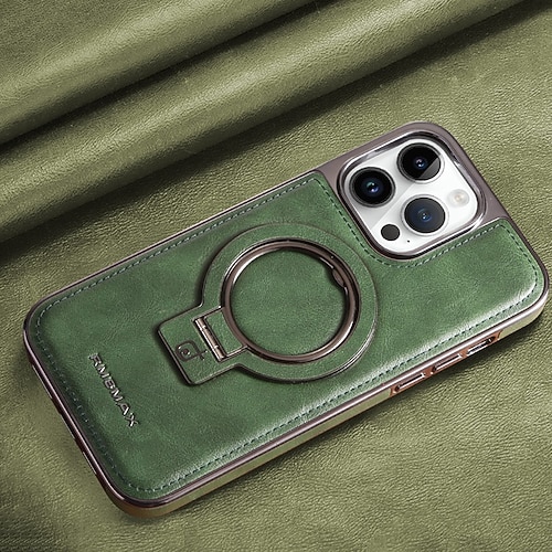 Handy Hülle Handyhüllen Für iPhone 16 15 14 Pro Max Plus 13 12 11 Pro Max Rückseite Ringhalter Magnetisch Unterstützt kabelloses Laden Retro Echtes Leder Edelstahl Image