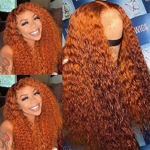 Remy-Menschenhaar, 13 x 4, Spitzenfrontperücke, Seitenscheitel, Mittelscheitel, freier Teil, brasilianisches Haar, tiefe Welle, Wasserwelle, orange Perücke, 130 % 150 % 180 % Dichte mit Babyhaar, Image