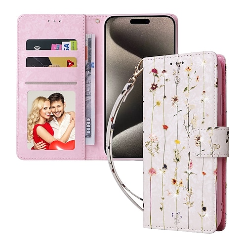 Handy Hülle Handyhüllen Für iPhone 17 Pro Max 17 Air 16 15 14 Pro Max Plus 13 12 11 Pro Max Mini Brieftaschenhülle Vollschutz Mit Handgelenkschlaufe Ständer Blumendruck TPU PU-Leder Image