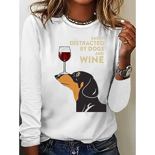 Frauen 100% Baumwolle Tunika T-Shirt Mode Lässig Druck Langarm Reguläre Tops Rundhals Täglich Schwarz Weiß Wein Grau Frühling Herbst Image
