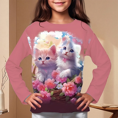 Mädchen 3D Grafik Tiermotiv Katze T-Shirt Langarm Frühling Herbst Mode Basic Kinder 4-12 Jahre Rundhalsausschnitt Outdoor Lässig Täglich Normale Passform Image