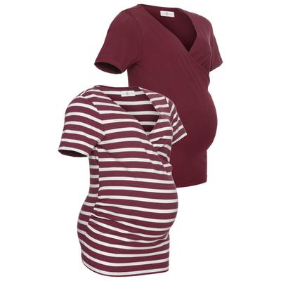 Umstandsshirt NEUN MONATE "2er Pack T-Shirts für Schwangerschaft und Stillzeit", Damen, Gr. 36/38, rot (bordeaux, bordeaux, gestreift), Jersey, Obermaterial: 95% Baumwolle, 5% Elasthan, unifarben, geringelt, modisch, Basic, V-Ausschnitt, Kurzarm,...