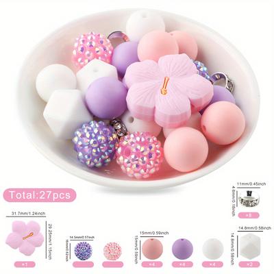 TEMU Silicone Bead Assortment Kit - 27pcs Flower Patterned Beads With Acrylic Resin & Rhinestone Accents - Versatile Mix For Diy Crafts, Keychain & Bag Pendants