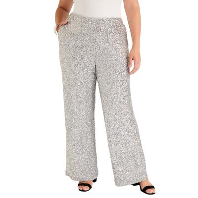 Plus Size Women's Curvie Fit Sequin Wide-Leg Pants by June+Vie in Silver (Size 26/28)