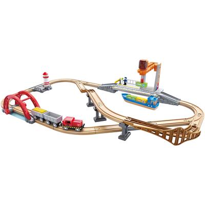 Spielzeug-Eisenbahn HAPE "Bahn- und Seefracht Set", bunt, Spielzeugfahrzeuge, KinderB:93,2cm H:20,8cm, Holz, Kunststoff, Metall, mit Licht- und Soundeffekten, B:93,2cm H:20,8cm Image