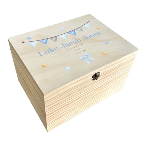 Personalised Blue Garland Baby Keepsake Box | Treasured Memories Gift Box for Newborns | Personalised Name and Date | Pine Box with Metal Hinges & Clasp | W36cm x D26.9cm x H20cm