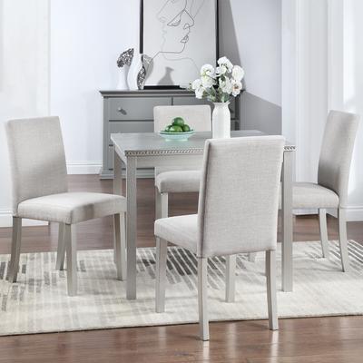 Beige/Silver Dining Table with 4 Gray Upholstered Chairs