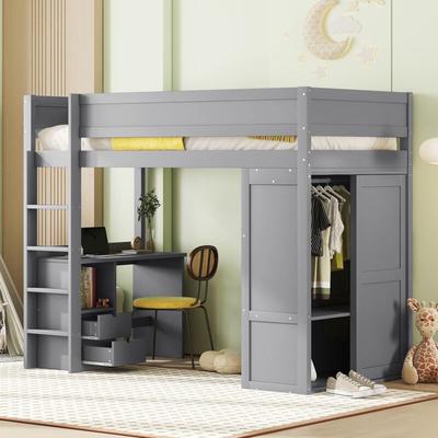 Hochbett, vielseitig einsetzbares Kinderbett, ausgestattet mit Kleiderschrank, Schreibtisch und Image
