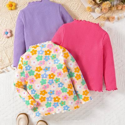 TEMU Girls 3pcs/set Casual & Trendy Long Sleeve Lettuce Trim Solid Colored/flowers Pattern Ribbed Tops For Spring & Fall, Girls Comfy Clothes For Street Wear