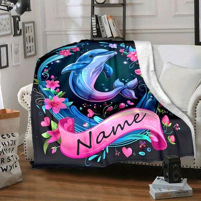 TEMU Personalized Dolphin Name Blanket - Soft, Flannel Throw For , Camping & Travel - Perfect Gift For Family & Image