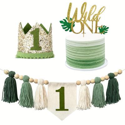 TEMU Boho Chic Avocado Green Birthday Party Kit - Sparkling Hat, Sage Green High Chair Banner, Tassel Garland & Cake Topper Set