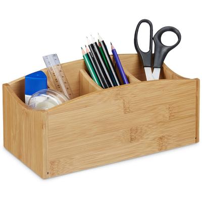 Relaxdays - Schreibtischorganizer aus Bambus, Stifteköcher mit 4 Fächern, natürliche Maserung, hbt: Image
