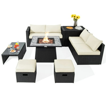 GVN Outdoor Furniture Sets Outdoor Conversation Set 9 Pieces Outdoor Wicker Sectional with 35 Inch Gas Fire Pit Table-White