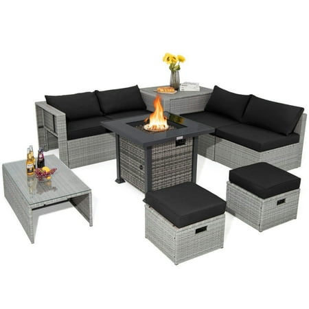GVN Outdoor Furniture Sets Outdoor Conversation Set 9 Pieces Outdoor Patio Furniture Set with 32-Inch Propane Fire Pit Table-Black