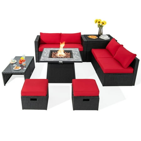 GVN Outdoor Furniture Sets Outdoor Conversation Set 9 Pieces Outdoor Wicker Sectional with 35 Inch Gas Fire Pit Table-Red
