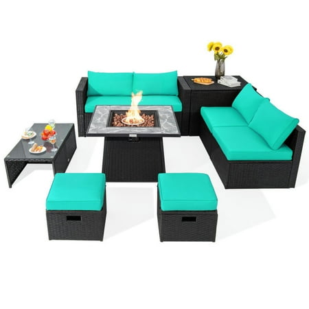 GVN Outdoor Furniture Sets Outdoor Conversation Set 9 Pieces Outdoor Wicker Sectional with 35 Inch Gas Fire Pit Table-Turquoise