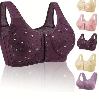 TEMU 5pcs Plus Size Daisy Bras For Women, Front Snap Closure Padded Bra For Older Senior Women, Comfortable And Convenient, No Underwire L-5xl Full Cover Bralette Mom Grandma Underwear