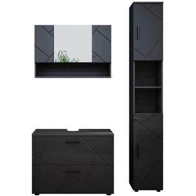 Badmöbel Set Irma, Anthrazit Hochglanz, 3 Teile, mit Spiegelschrank 80 cm Vicco