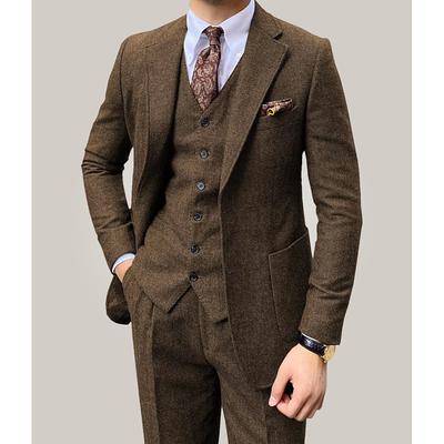 Men's Wedding Wedding Party Tweed Suits Brown Light Grey Retro Vintage Formal Herringbone Standard Fit 3 Piece Single Breasted Two-buttons