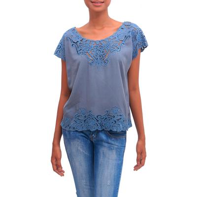 Blue Spruce Kusuma,'Floral Embroidered Rayon Blouse in Blue from Bali'