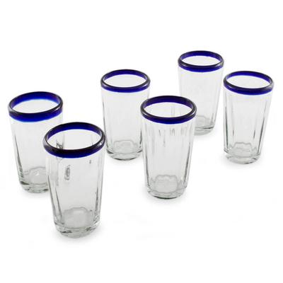 Cobalt Groove,'Handmade Glass Recycled Juice Drinkware (Set of 6)'